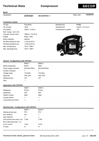 Компрессор GTK70AT, 205вт R134a SECOP (Danfoss) код 2306