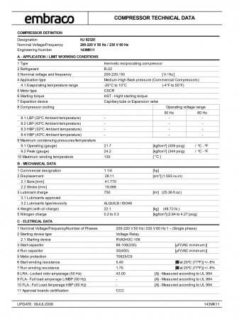 Компрессор NJ9232Е R22 Embraco 3710 Вт код 143MV1104AF MBP, HBP