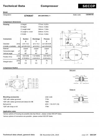 Компрессор GTK80AT, 232 вт R134a SECOP (Danfoss) код 2412