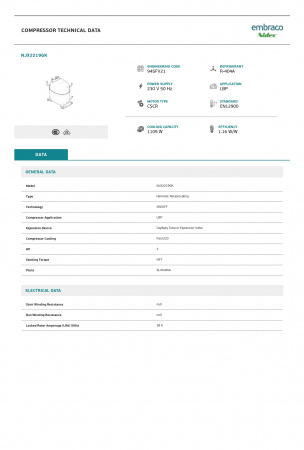 Компрессор NJX2219GK R404A Embraco 1109Вт LBP код 945FV2104AF