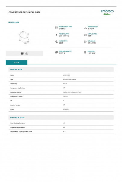 Компрессор NJX2219GK R404A Embraco 1109Вт LBP код 945FV2104AF